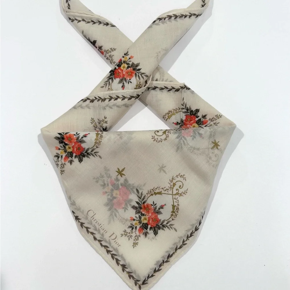 Women Handkerchief Christian Dior Floral Beige Tan Mini Head Scarf Cotton 18”